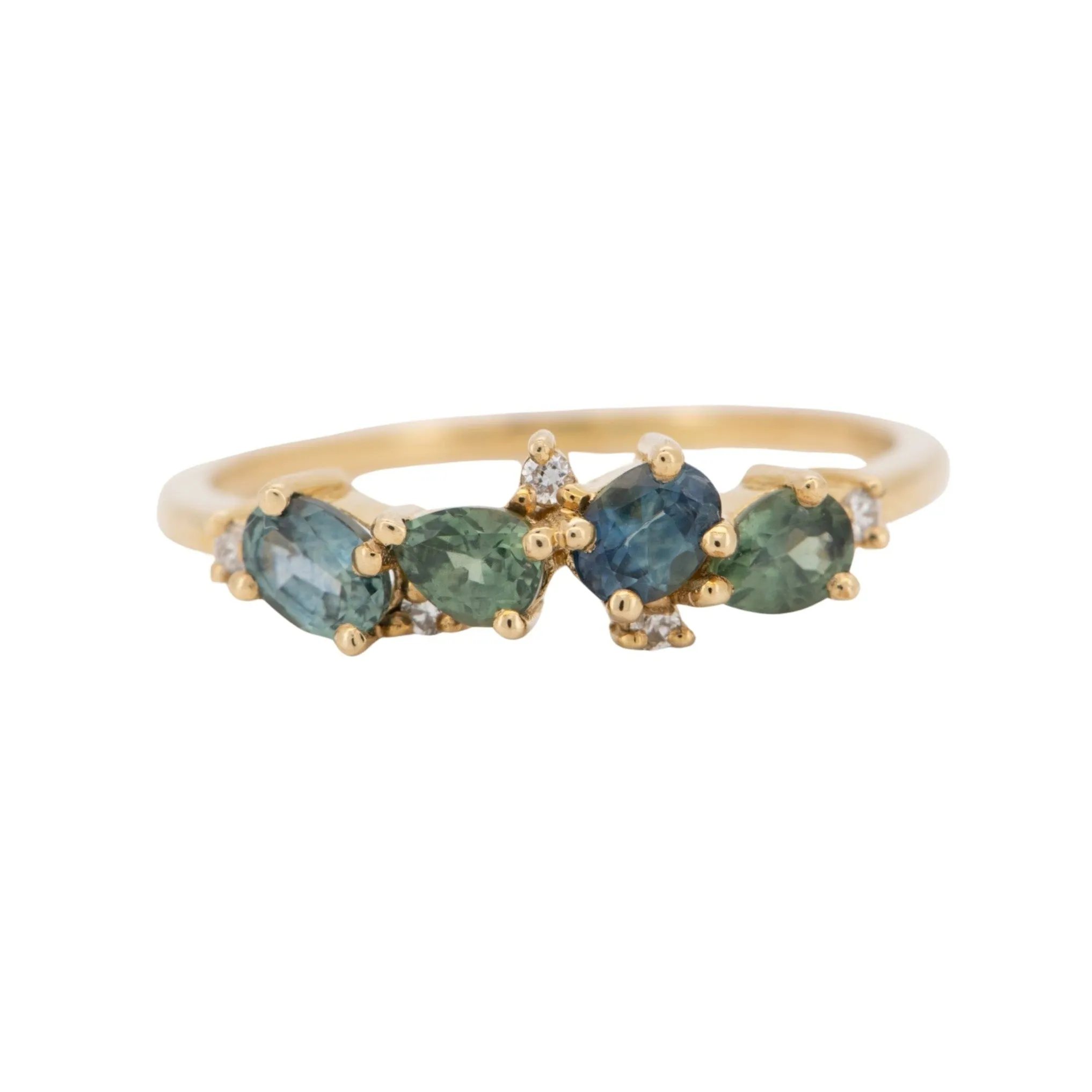 Teal Blue Montana Sapphire and Diamond Cluster Ring 14K Gold M5054