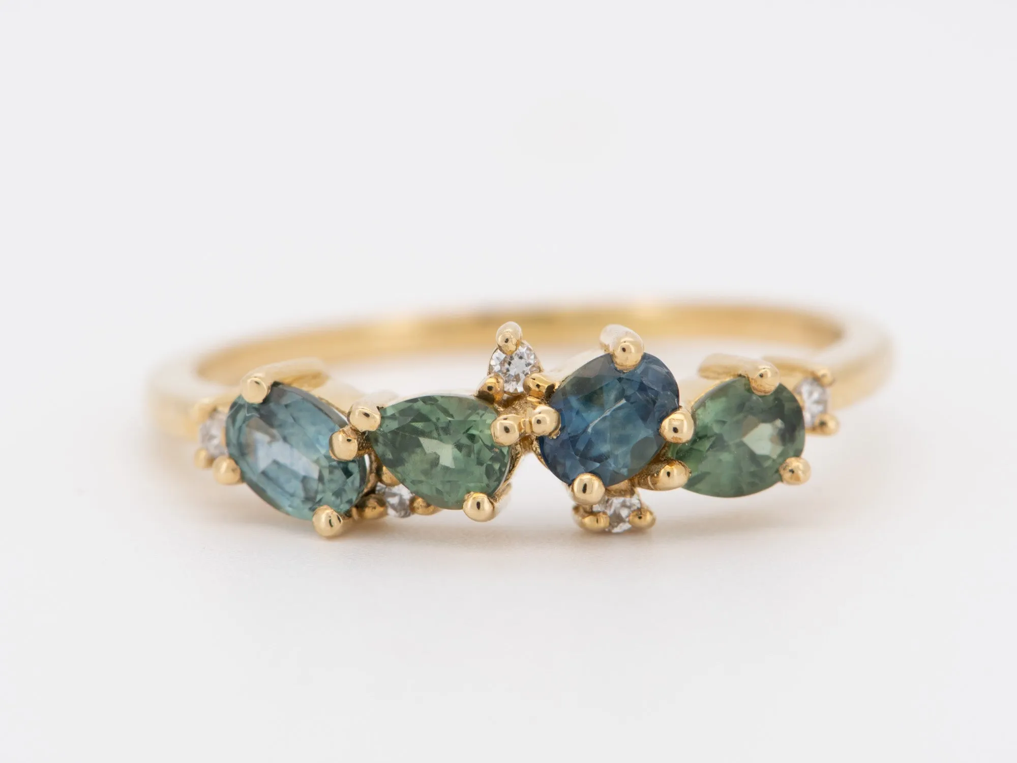 Teal Blue Montana Sapphire and Diamond Cluster Ring 14K Gold M5054