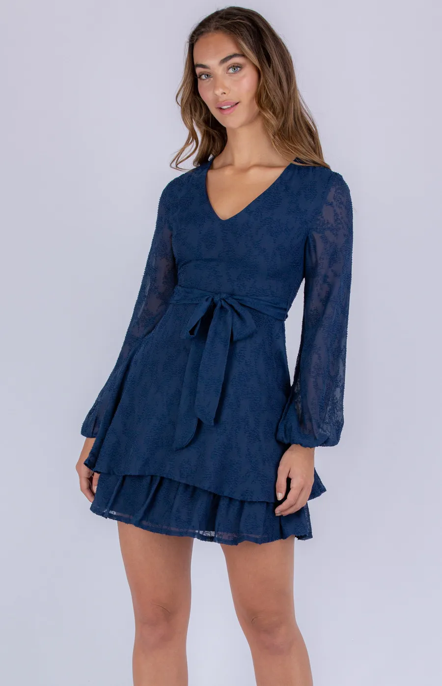 Textured Bubble Sleeve Dress with Tiered Hem (ADR1068A)