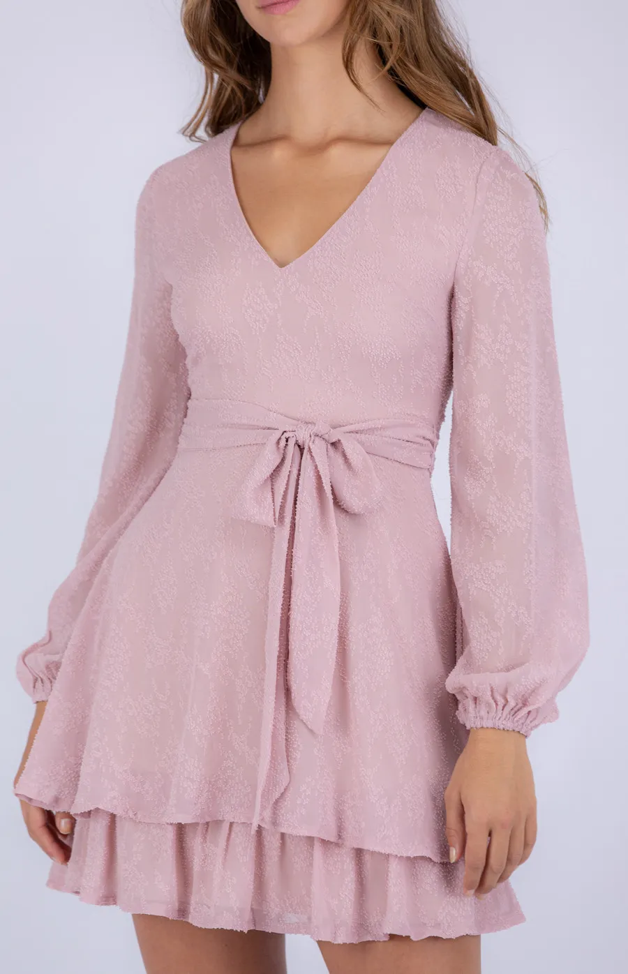 Textured Bubble Sleeve Dress with Tiered Hem (ADR1068A)