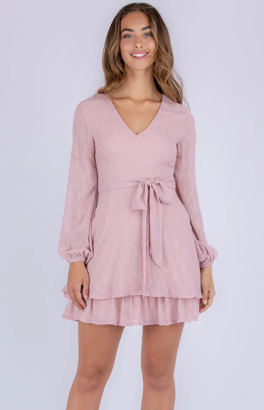 Textured Bubble Sleeve Dress with Tiered Hem (ADR1068A)