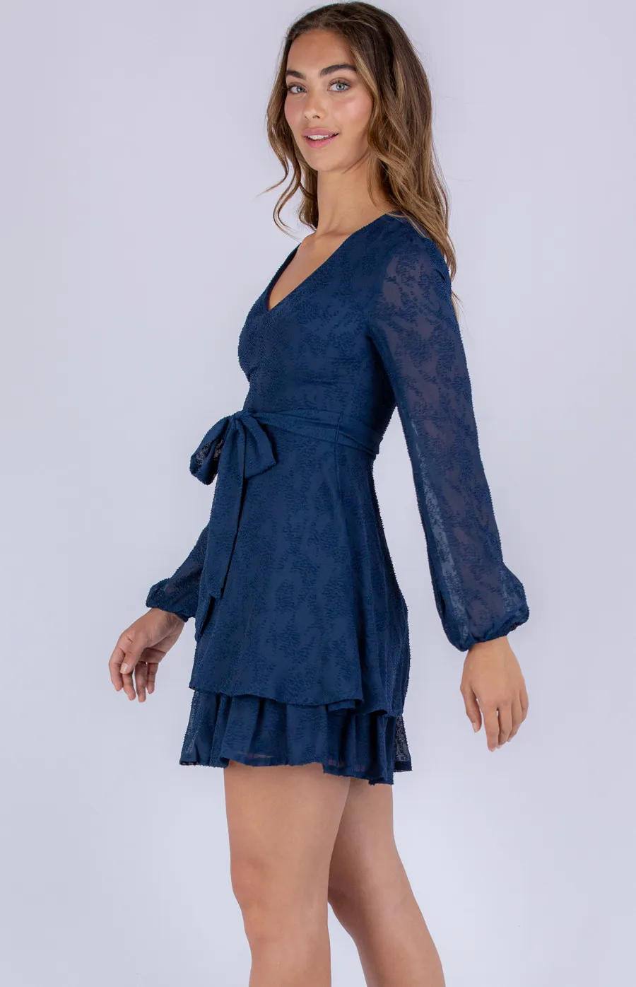 Textured Bubble Sleeve Dress with Tiered Hem (ADR1068A)