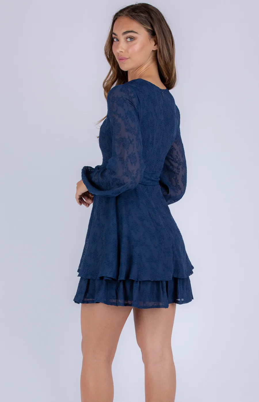 Textured Bubble Sleeve Dress with Tiered Hem (ADR1068A)