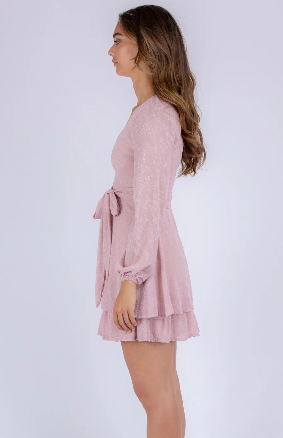 Textured Bubble Sleeve Dress with Tiered Hem (ADR1068A)