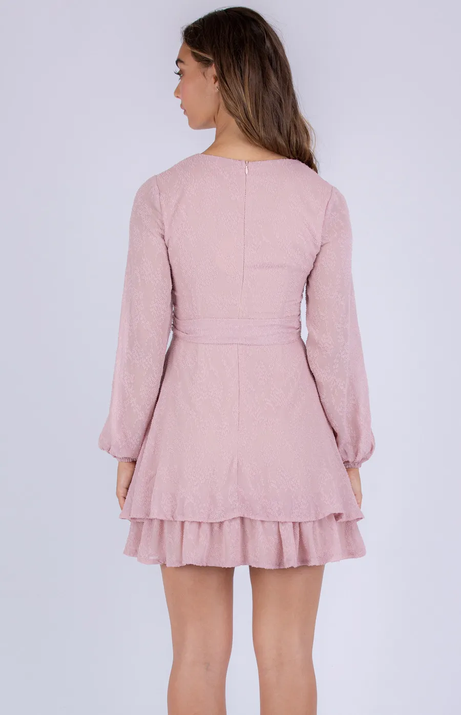 Textured Bubble Sleeve Dress with Tiered Hem (ADR1068A)