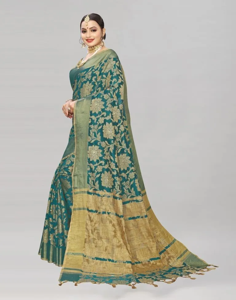 Turquoise Coloured Cotton Silk Woven Partywear saree