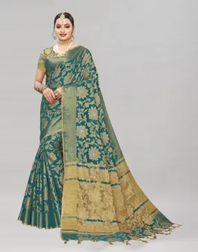 Turquoise Coloured Cotton Silk Woven Partywear saree