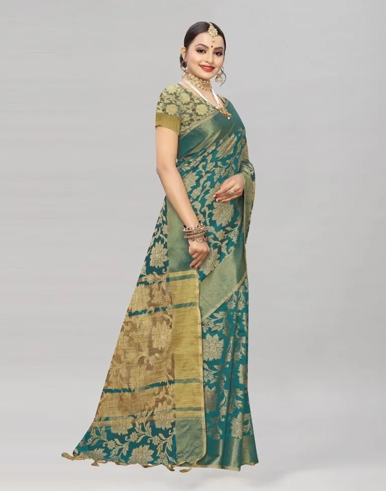 Turquoise Coloured Cotton Silk Woven Partywear saree