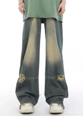 Unique Denim Blue Pockets Patchwork Hole Men Pants