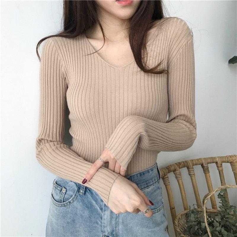 V-Neck Slim Knitted Sweater