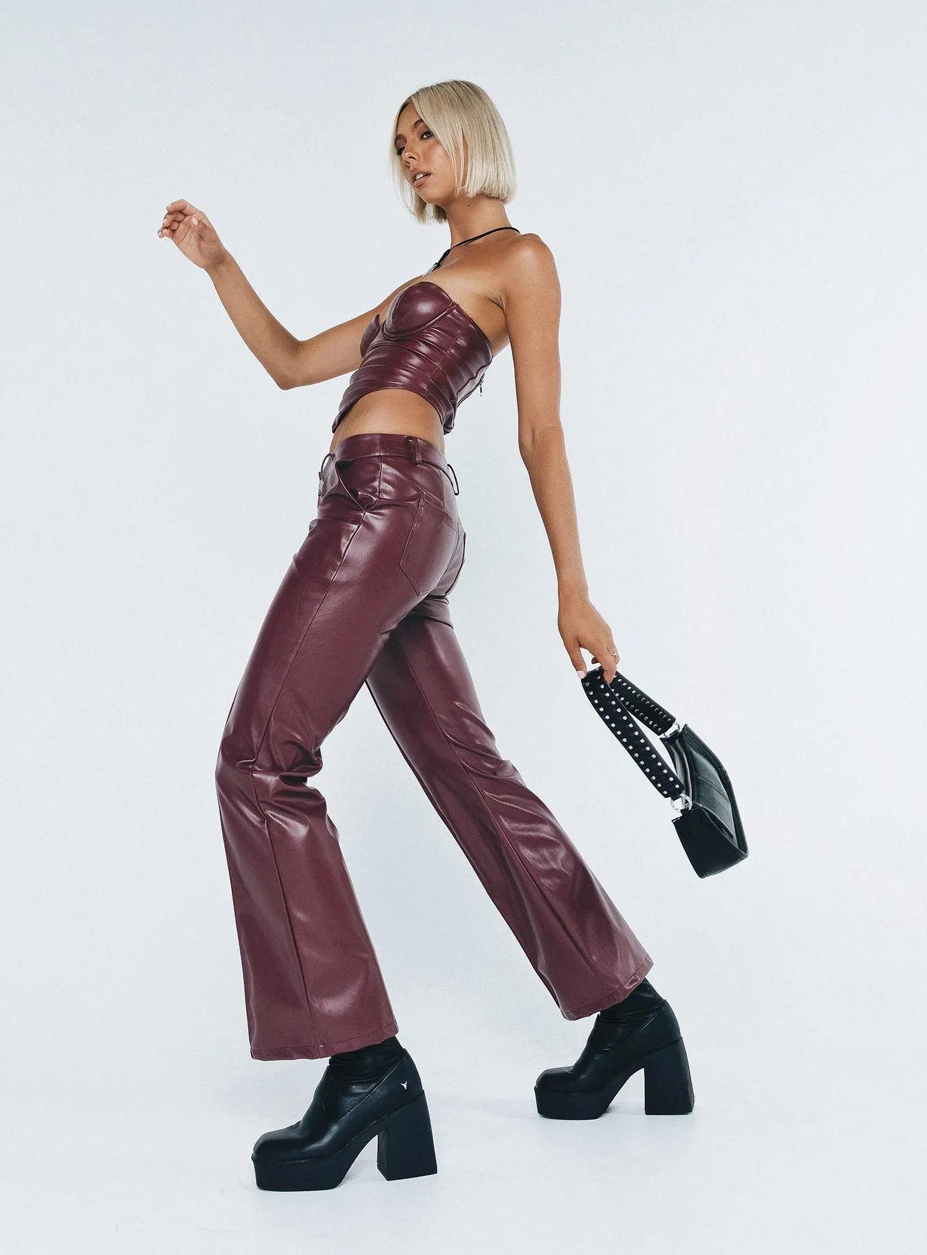 Yarella Mid Rise PU Pants Burgundy