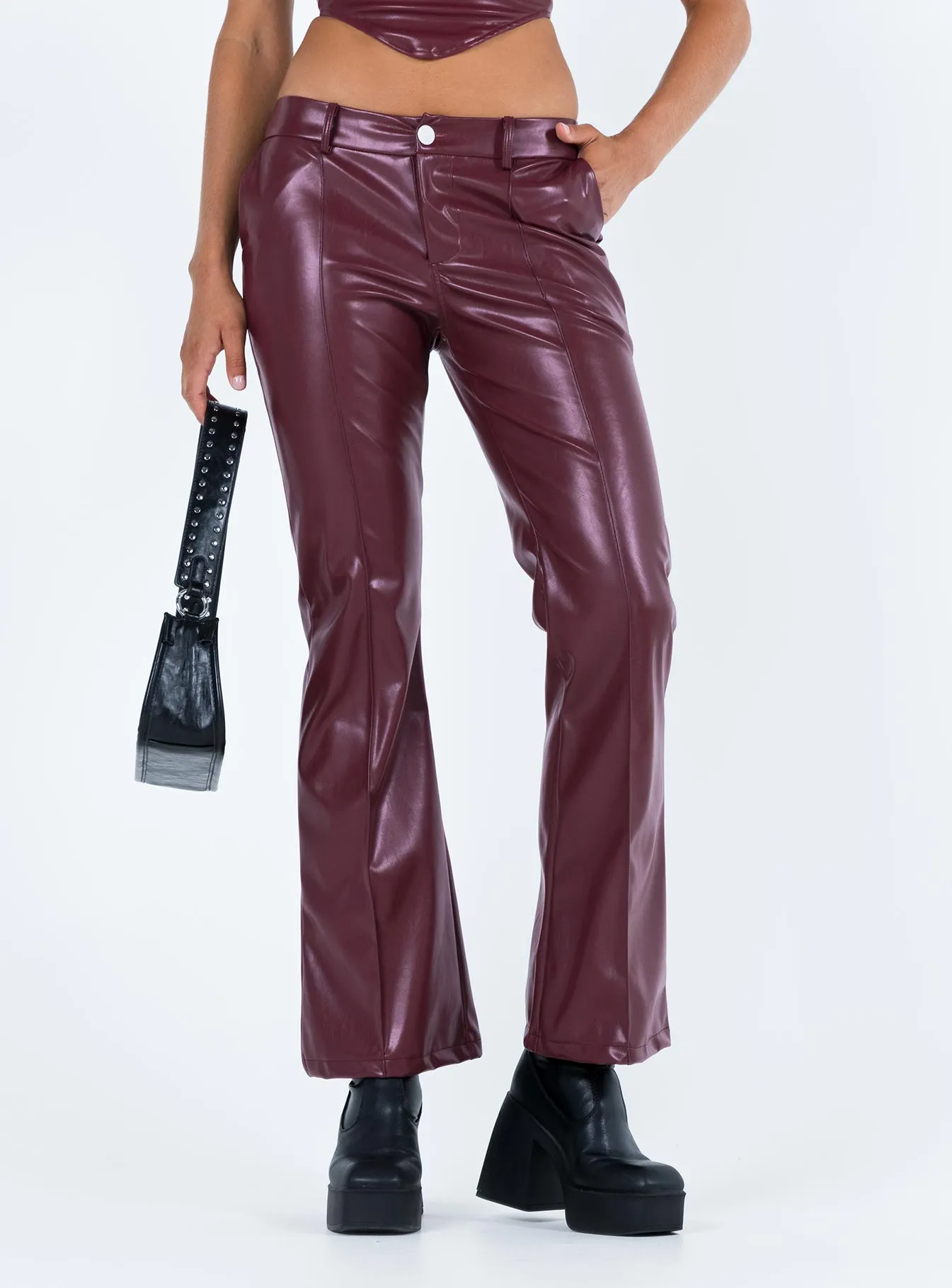 Yarella Mid Rise PU Pants Burgundy