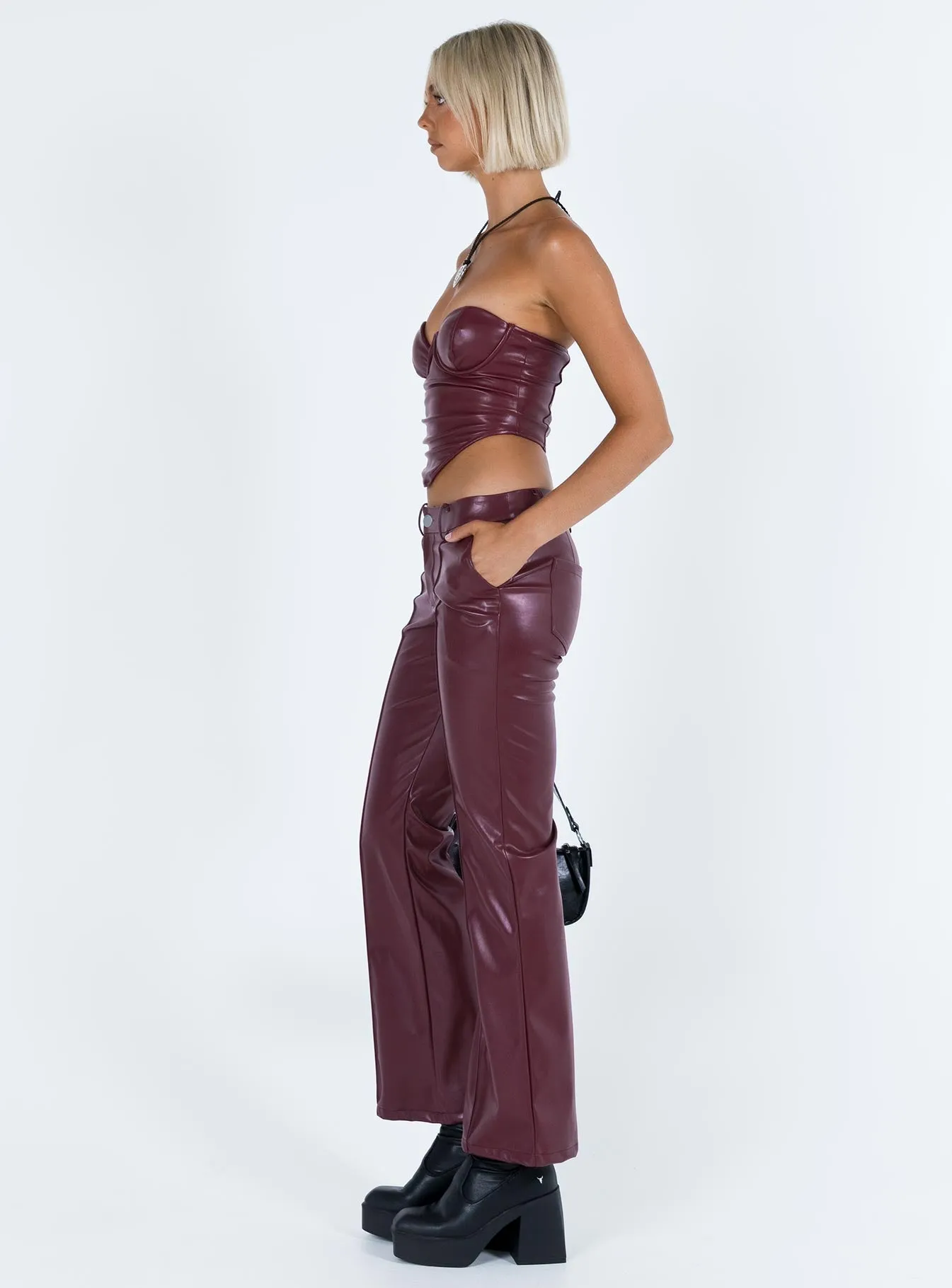 Yarella Mid Rise PU Pants Burgundy