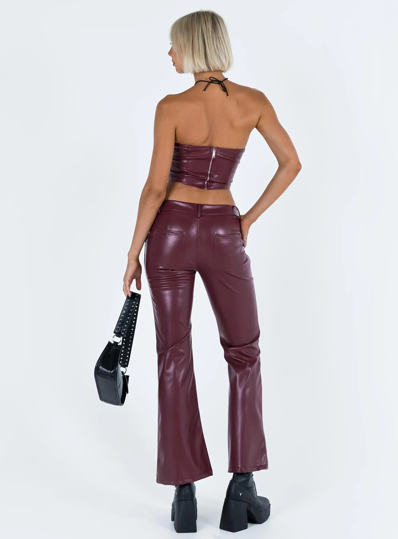 Yarella Mid Rise PU Pants Burgundy