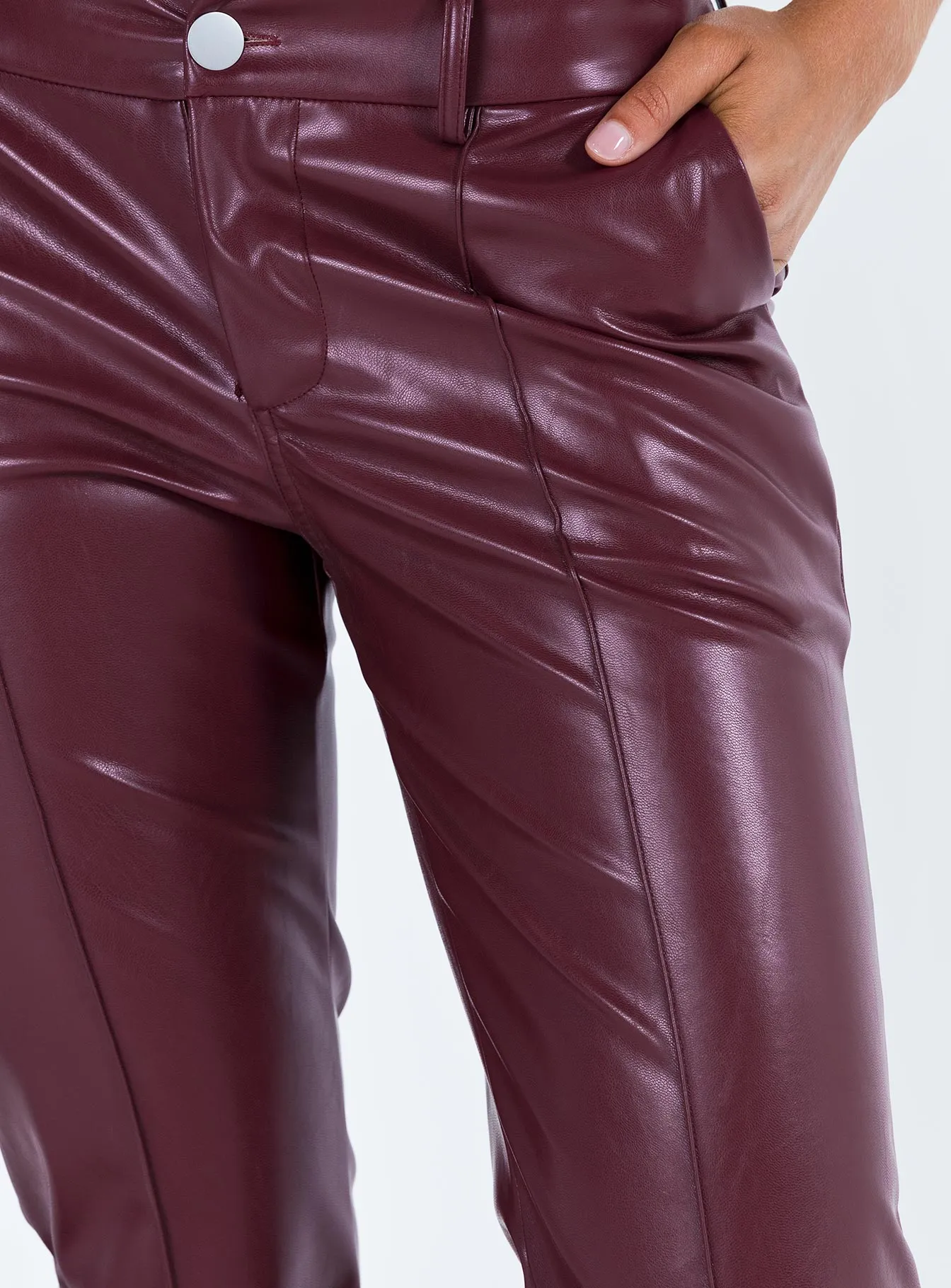 Yarella Mid Rise PU Pants Burgundy