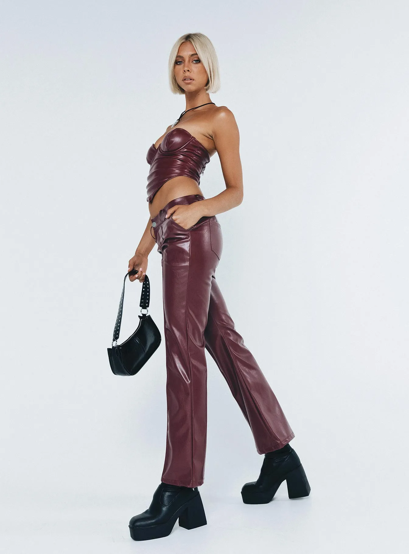 Yarella Mid Rise PU Pants Burgundy